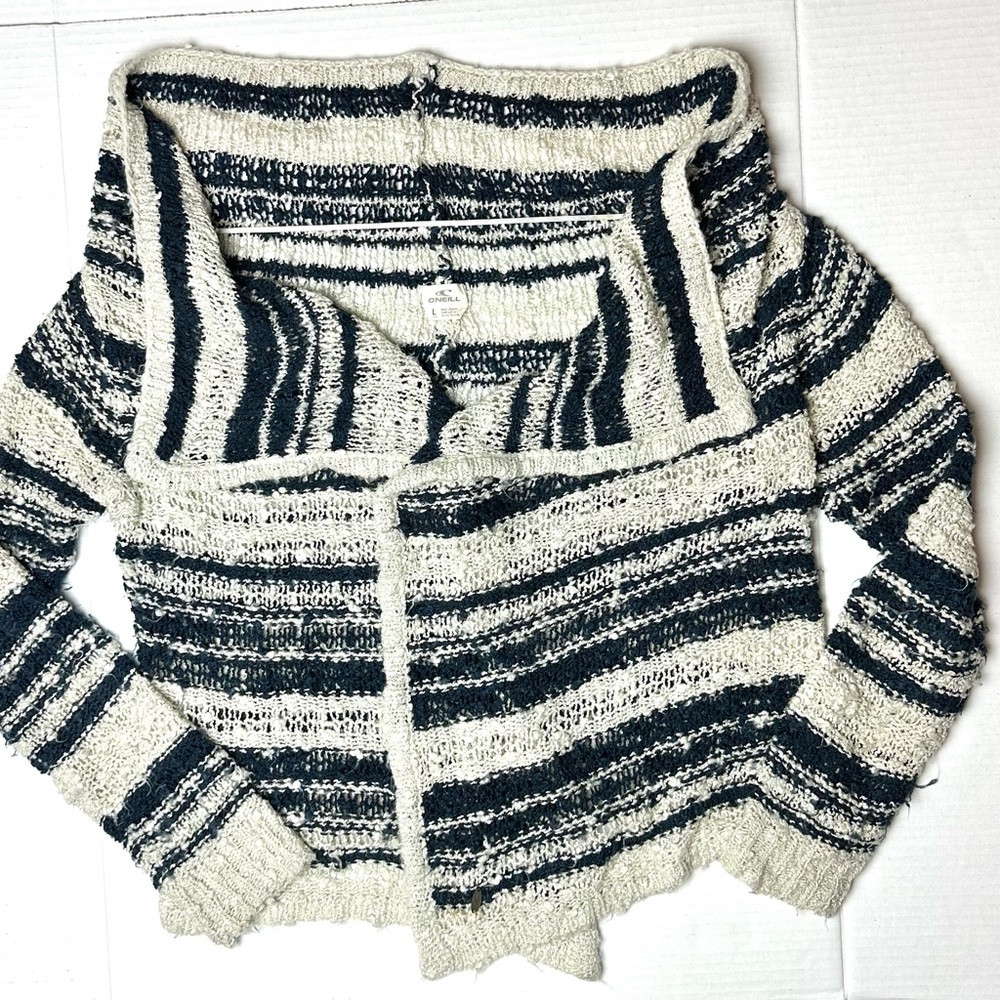 O'Neill Beachy Tweed Knit Striped Open Cardigan Size L Women’s‎ White And Black